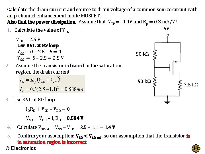 Calculate the drain current and source to drain voltage of a common source circuit