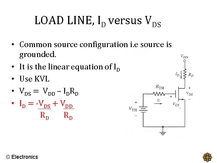 LOAD LINE, ID versus VDS • Common source configuration i. e source is grounded.