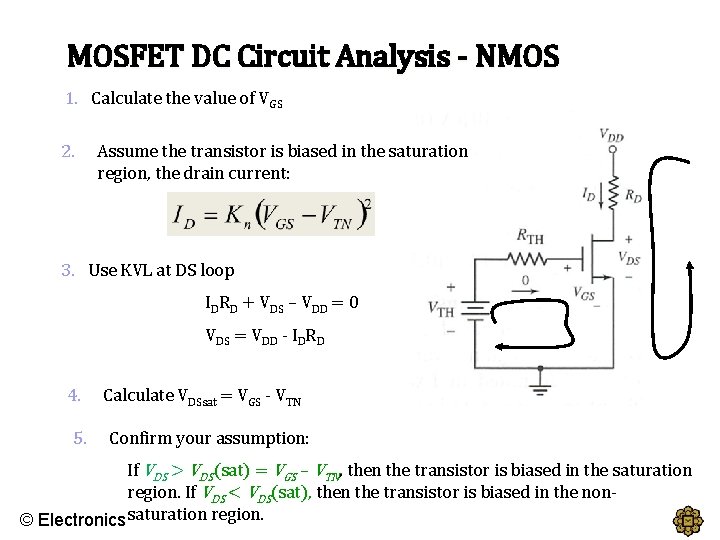 MOSFET DC Circuit Analysis - NMOS 1. Calculate the value of VGS 2. Assume