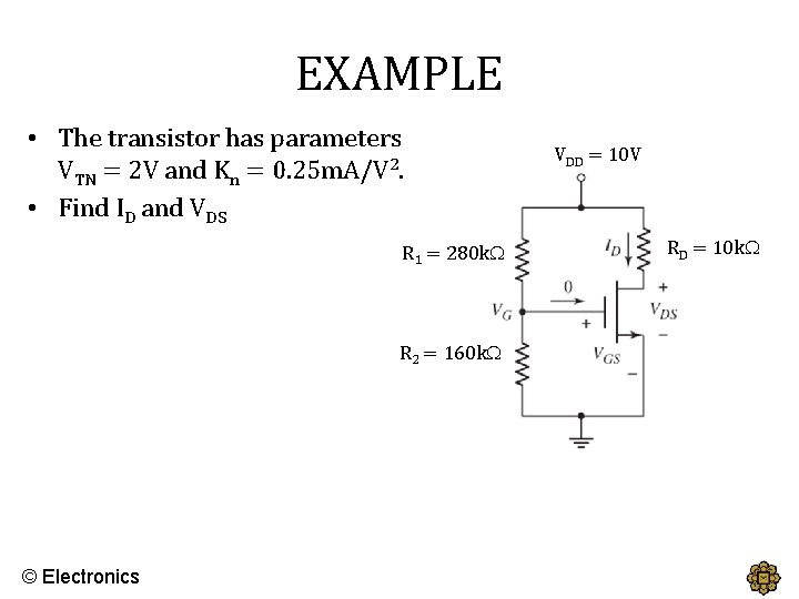 EXAMPLE • The transistor has parameters VTN = 2 V and Kn = 0.