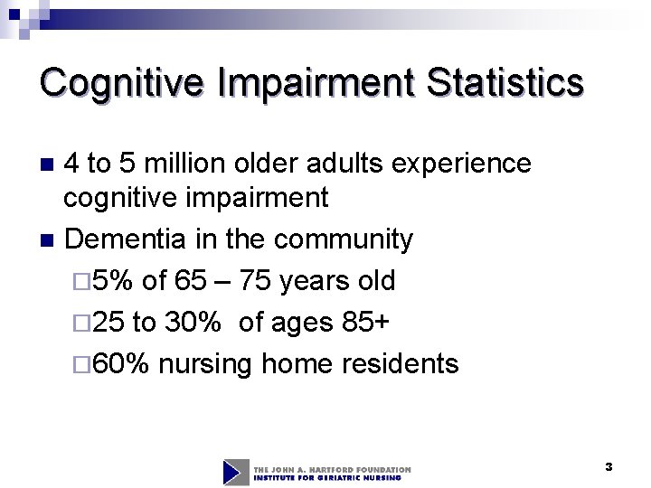 Cognitive Impairment Statistics 4 to 5 million older adults experience cognitive impairment n Dementia Cognitive Impairment Statistics 4 to 5 million older adults experience cognitive impairment n Dementia