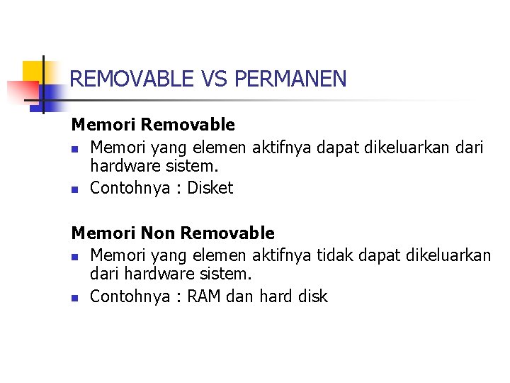 REMOVABLE VS PERMANEN Memori Removable n Memori yang elemen aktifnya dapat dikeluarkan dari hardware REMOVABLE VS PERMANEN Memori Removable n Memori yang elemen aktifnya dapat dikeluarkan dari hardware