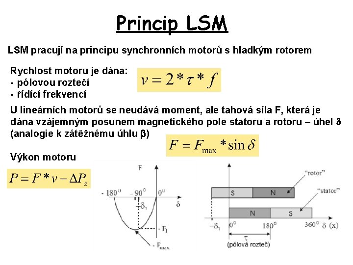 Princip LSM pracují na principu synchronních motorů s hladkým rotorem Rychlost motoru je dána: