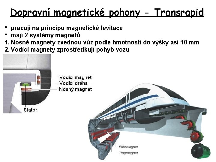 Dopravní magnetické pohony - Transrapid * pracují na principu magnetické levitace * mají 2