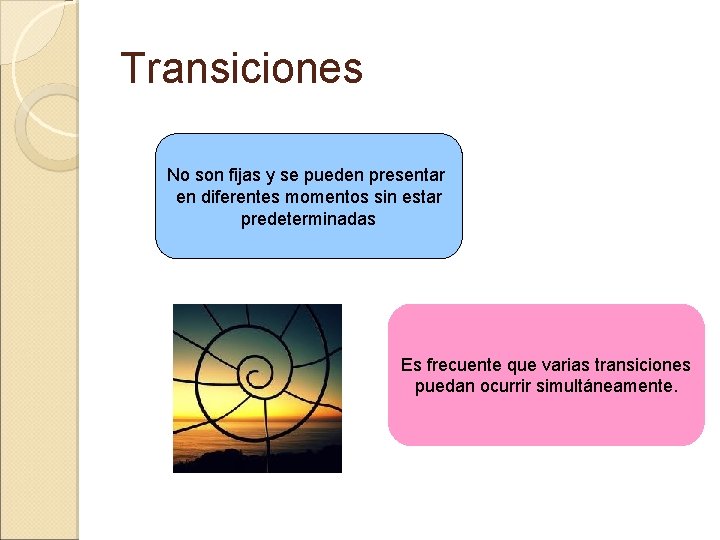 Transiciones No son fijas y se pueden presentar en diferentes momentos sin estar predeterminadas Transiciones No son fijas y se pueden presentar en diferentes momentos sin estar predeterminadas