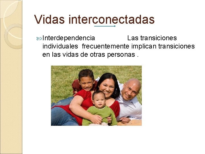Vidas interconectadas Interdependencia Las transiciones individuales frecuentemente implican transiciones en las vidas de otras Vidas interconectadas Interdependencia Las transiciones individuales frecuentemente implican transiciones en las vidas de otras
