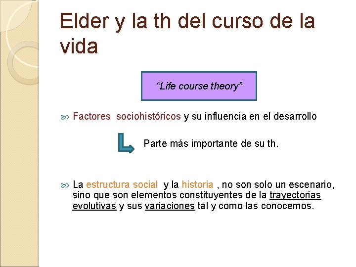 Elder y la th del curso de la vida “Life course theory” Factores sociohistóricos Elder y la th del curso de la vida “Life course theory” Factores sociohistóricos