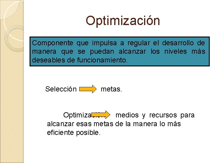 Optimización Componente que impulsa a regular el desarrollo de manera que se puedan alcanzar Optimización Componente que impulsa a regular el desarrollo de manera que se puedan alcanzar