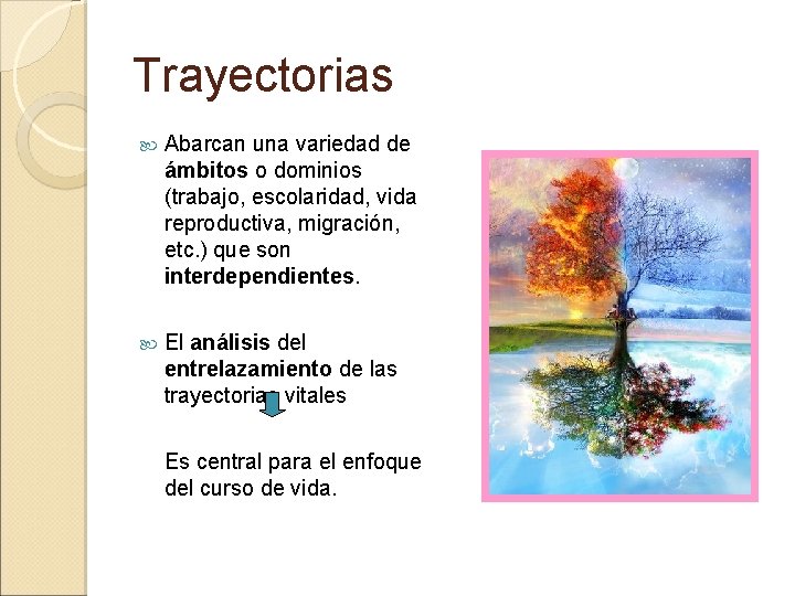 Trayectorias Abarcan una variedad de ámbitos o dominios (trabajo, escolaridad, vida reproductiva, migración, etc. Trayectorias Abarcan una variedad de ámbitos o dominios (trabajo, escolaridad, vida reproductiva, migración, etc.