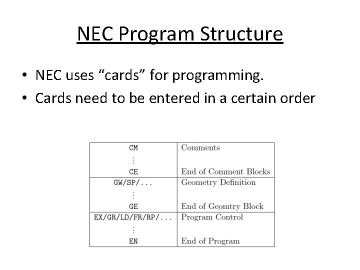 NEC Program Structure • NEC uses “cards” for programming. • Cards need to be