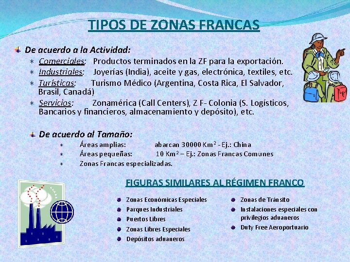 TIPOS DE ZONAS FRANCAS De acuerdo a la Actividad: * Comerciales: Productos terminados en