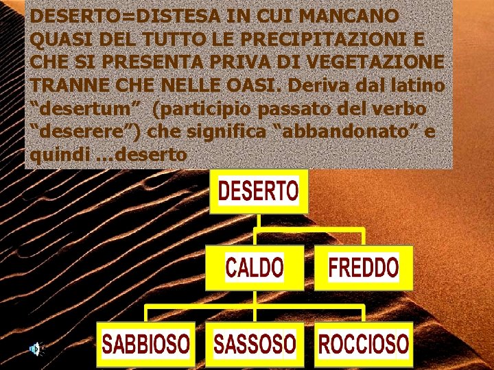 DESERTO=DISTESA IN CUI MANCANO QUASI DEL TUTTO LE PRECIPITAZIONI E CHE SI PRESENTA PRIVA