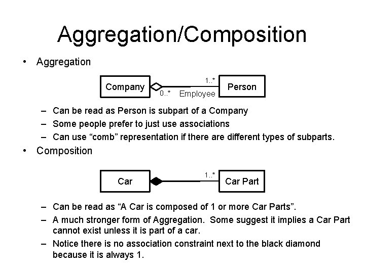 Aggregation/Composition • Aggregation Company 1. . * 0. . * Employee Person – Can