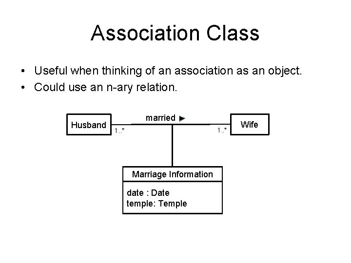 Association Class • Useful when thinking of an association as an object. • Could
