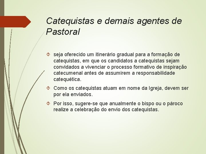 Catequistas e demais agentes de Pastoral seja oferecido um itinerário gradual para a formação