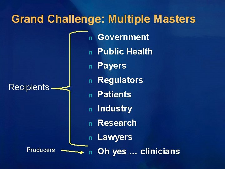 Grand Challenge: Multiple Masters Recipients Producers n Government n Public Health n Payers n