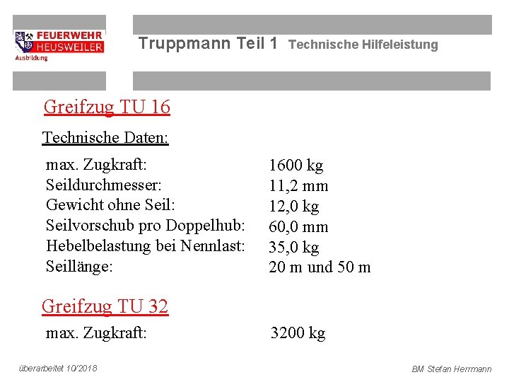 Truppmann Teil 1 Technische Hilfeleistung Greifzug TU 16 Technische Daten: max. Zugkraft: Seildurchmesser: Gewicht