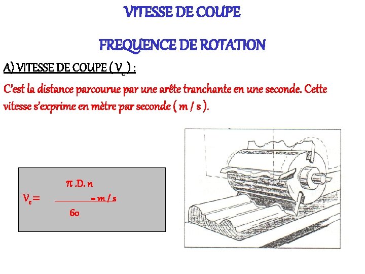 VITESSE DE COUPE FREQUENCE DE ROTATION A) VITESSE DE COUPE ( Vc ) :