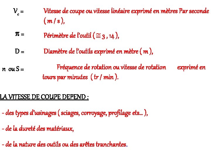  Vc = Vitesse de coupe ou vitesse linéaire exprimé en mètres Par seconde