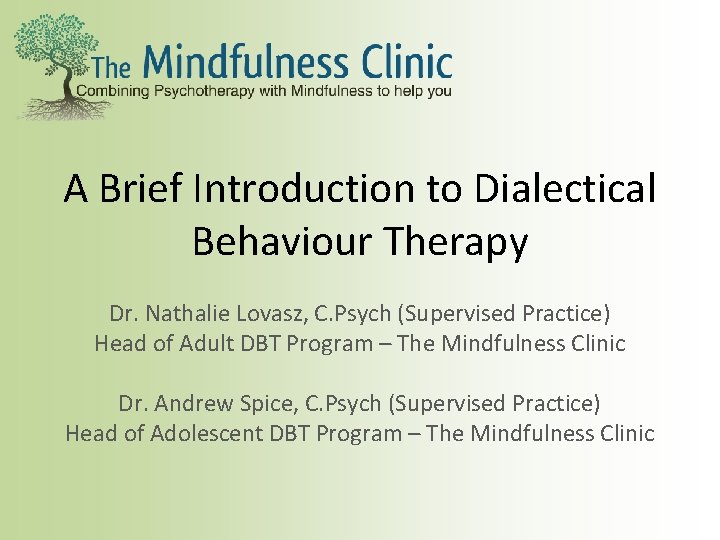 A Brief Introduction to Dialectical Behaviour Therapy Dr. Nathalie Lovasz, C. Psych (Supervised Practice)