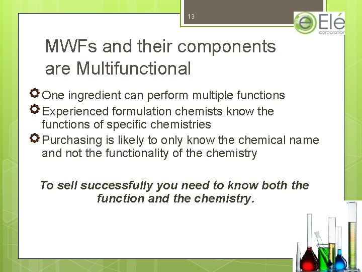 13 MWFs and their components are Multifunctional One ingredient can perform multiple functions Experienced