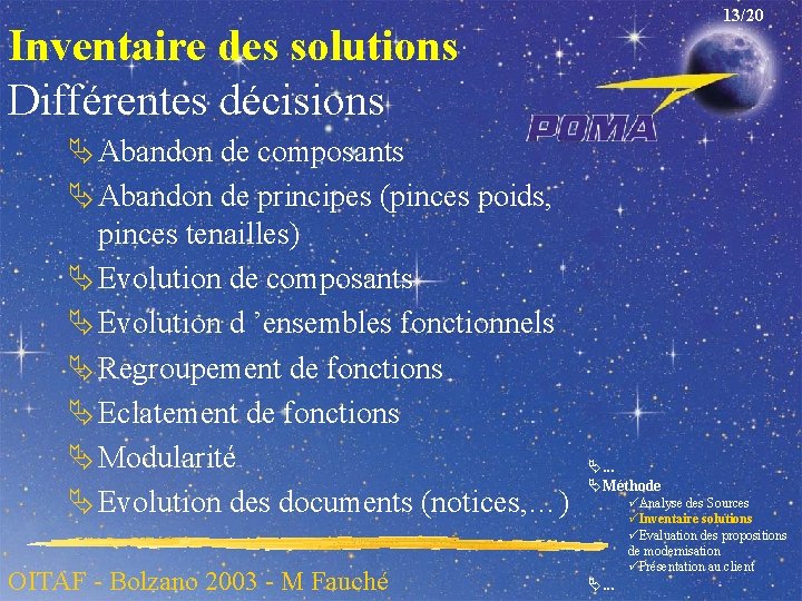 13/20 Inventaire des solutions Différentes décisions Ä Abandon de composants Ä Abandon de principes