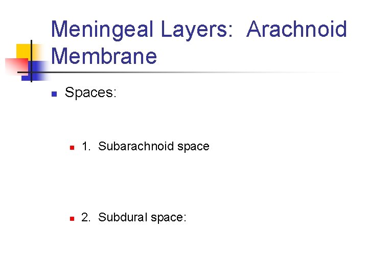 Meningeal Layers: Arachnoid Membrane n Spaces: n 1. Subarachnoid space n 2. Subdural space: