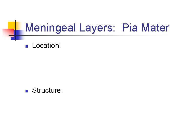 Meningeal Layers: Pia Mater n Location: n Structure: 