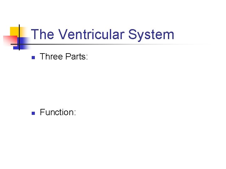 The Ventricular System n Three Parts: n Function: 