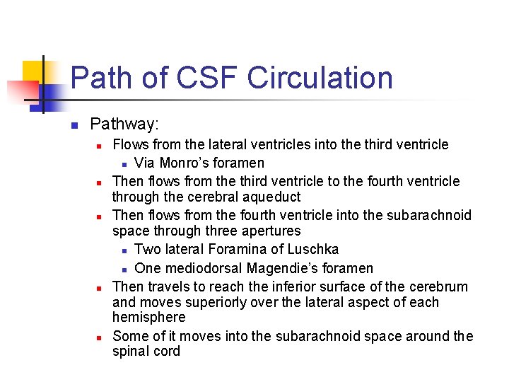 Path of CSF Circulation n Pathway: n n n Flows from the lateral ventricles