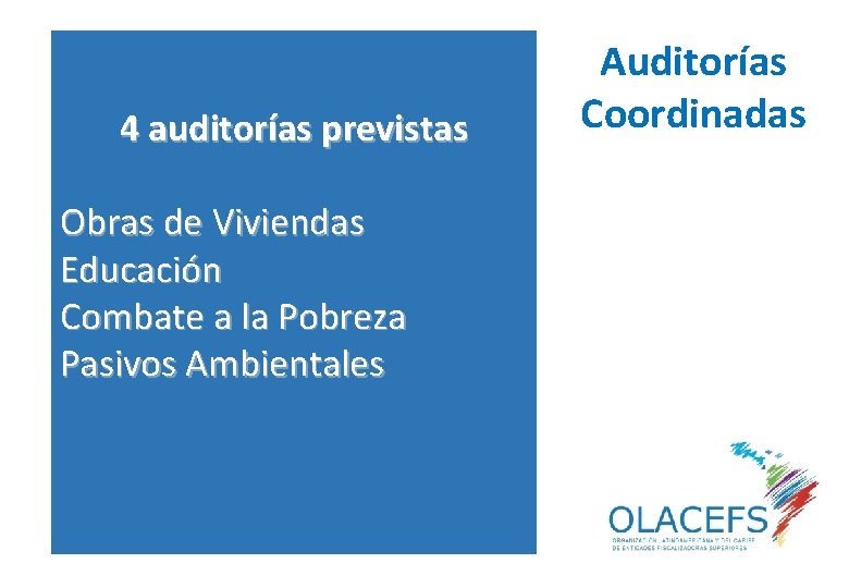 4 auditorías previstas Obras de Viviendas Educación Combate a la Pobreza Pasivos Ambientales Auditorías