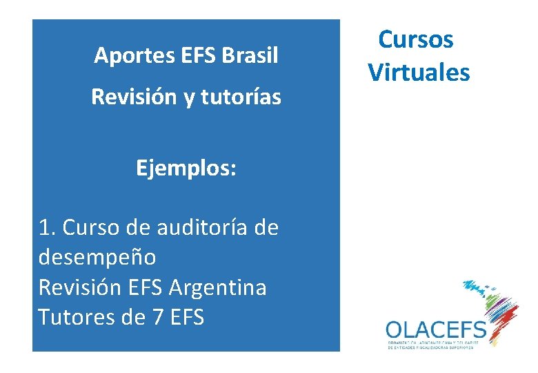 Aportes EFS Brasil Revisión y tutorías Ejemplos: 1. Curso de auditoría de desempeño Revisión