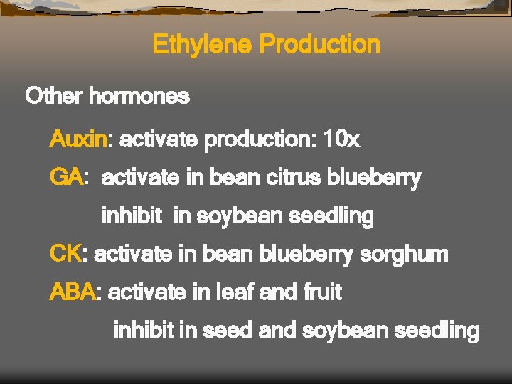 Ethylene Production Other hormones Auxin: activate production: 10 x GA: activate in bean citrus