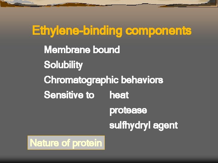 Ethylene-binding components Membrane bound Solubility Chromatographic behaviors Sensitive to heat protease sulfhydryl agent Nature