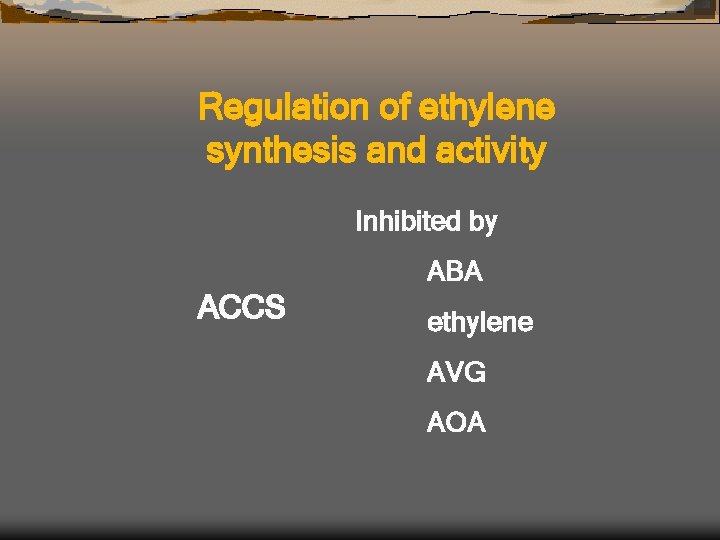 Regulation of ethylene synthesis and activity Inhibited by ABA ACCS ethylene AVG AOA 