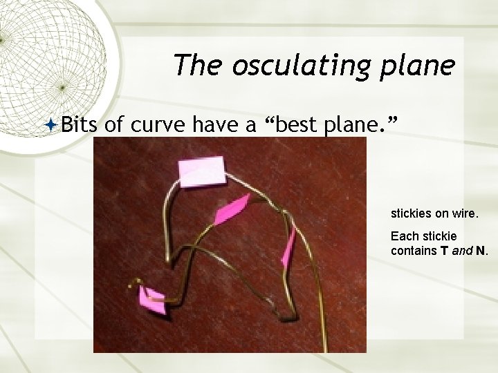 The osculating plane Bits of curve have a “best plane. ” stickies on wire.