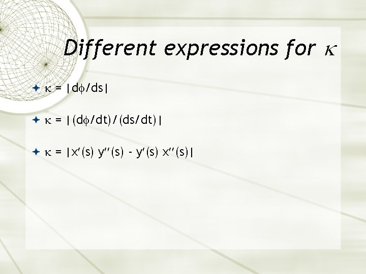 Different expressions for = |d /ds| = |(d /dt)/(ds/dt)| = |x (s) y (s)