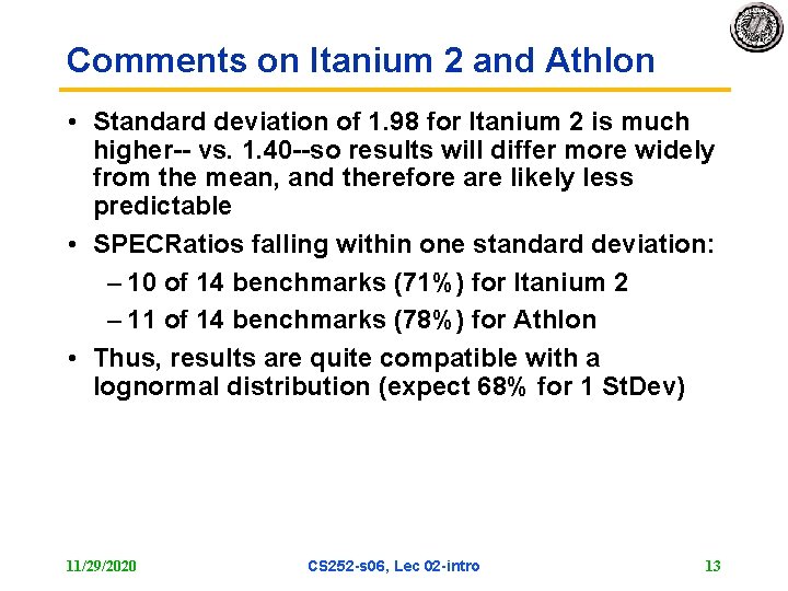 Comments on Itanium 2 and Athlon • Standard deviation of 1. 98 for Itanium