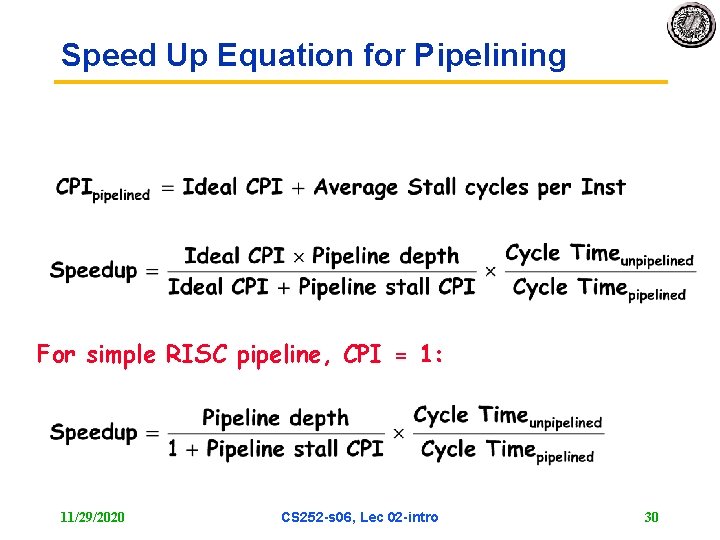 Speed Up Equation for Pipelining For simple RISC pipeline, CPI = 1: 11/29/2020 CS