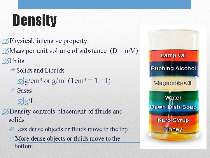 Density Physical, intensive property Mass per unit volume of substance (D= m/V) Units Solids