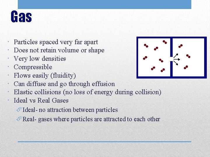 Gas Particles spaced very far apart Does not retain volume or shape Very low