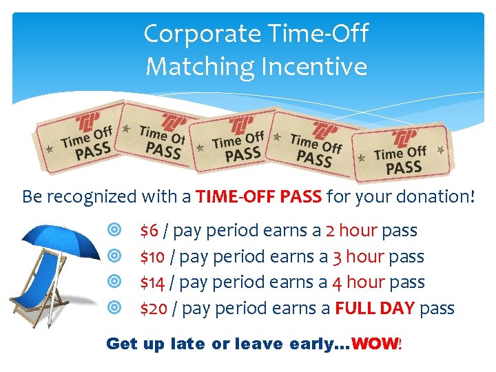 Corporate Time-Off Matching Incentive Be recognized with a TIME-OFF PASS for your donation! $6