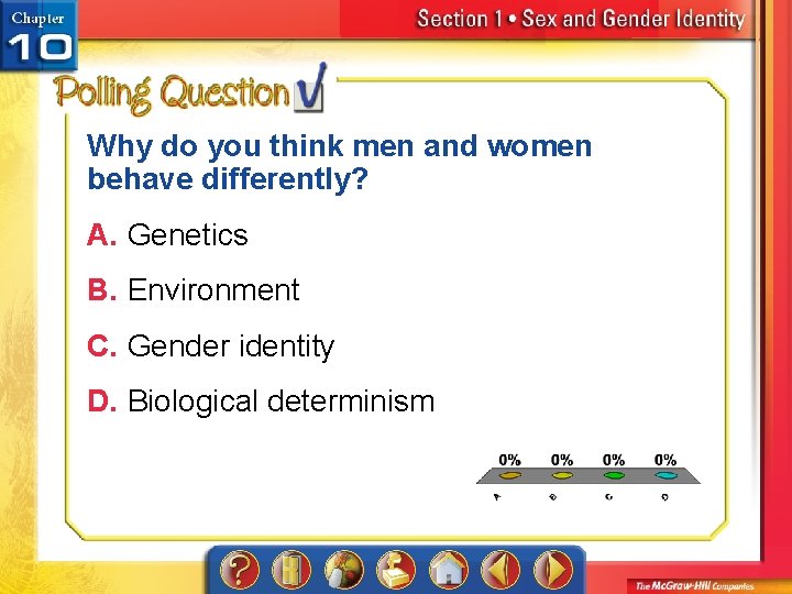 Why do you think men and women behave differently? A. Genetics B. Environment C.