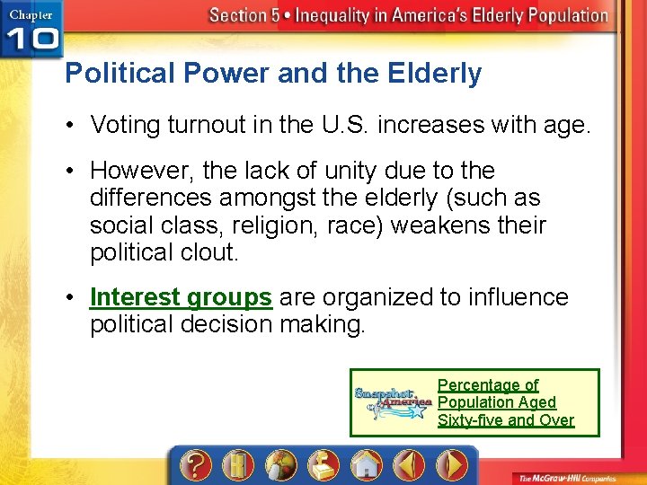 Political Power and the Elderly • Voting turnout in the U. S. increases with