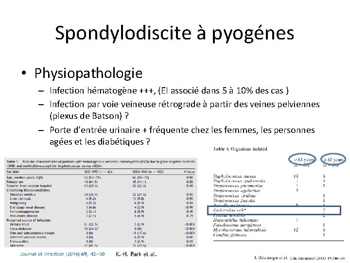 Spondylodiscite à pyogénes • Physiopathologie – Infection hématogène +++, (EI associé dans 5 à