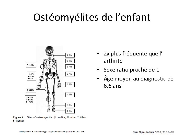 Ostéomyélites de l’enfant • 2 x plus fréquente que l’ arthrite • Sexe ratio