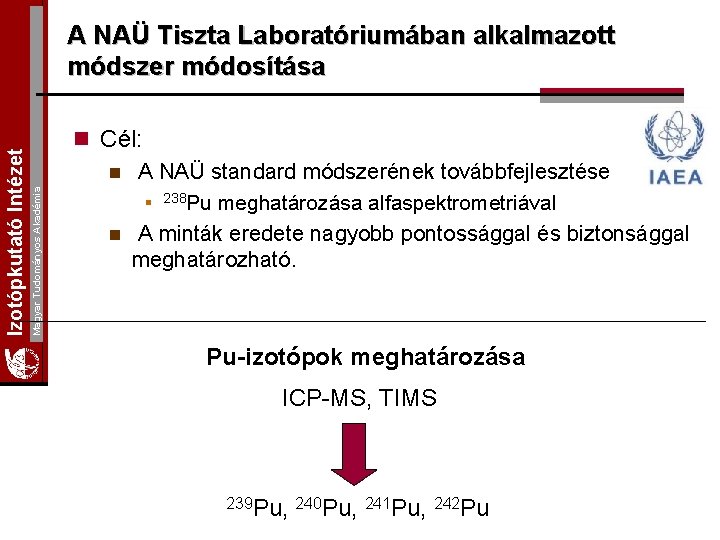 Magyar Tudományos Akadémia Izotópkutató Intézet A NAÜ Tiszta Laboratóriumában alkalmazott módszer módosítása n Cél: