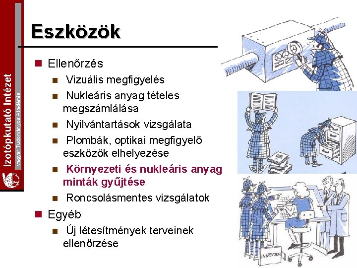 Magyar Tudományos Akadémia Izotópkutató Intézet Eszközök n Ellenőrzés n Vizuális megfigyelés n Nukleáris anyag