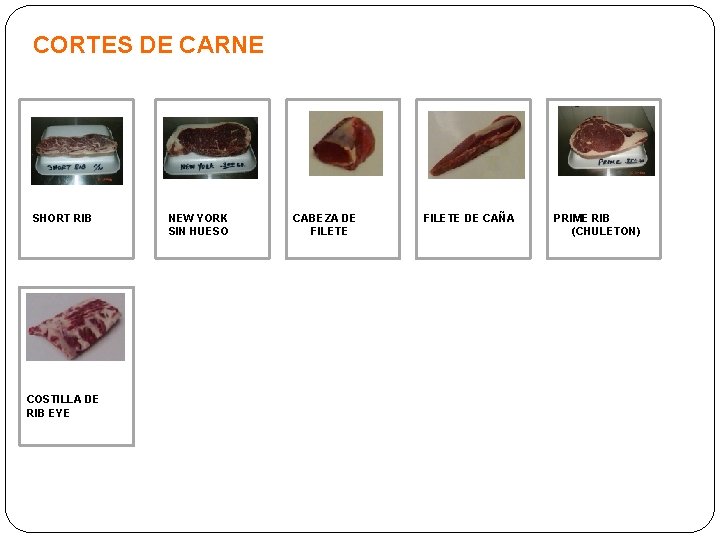 CORTES DE CARNE SHORT RIB COSTILLA DE RIB EYE NEW YORK SIN HUESO CABEZA