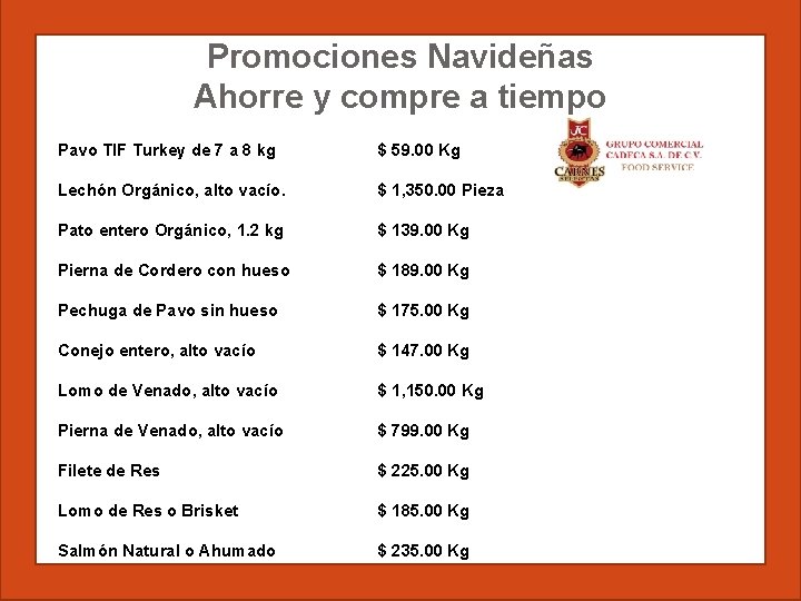 Promociones Navideñas Ahorre y compre a tiempo Pavo TIF Turkey de 7 a 8